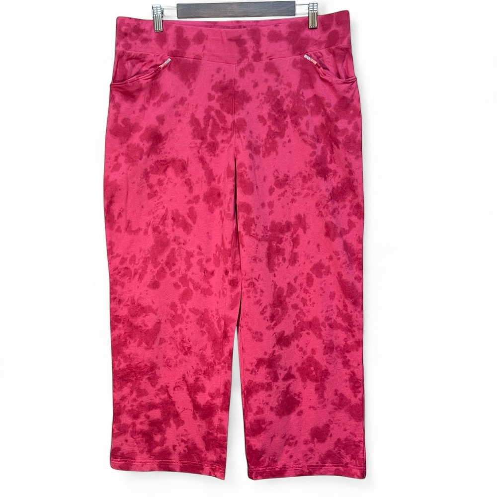 Chicos Weekends Pink Tie Dye Cropped Lounge Pants Size 12 Cotton Blend Wide Leg